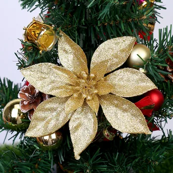 `10PCS פרח של חג המולד `9CM חג המולד נצנצים `פרחים מלאכותיים חג המולד עץ תלוי תליון בית 